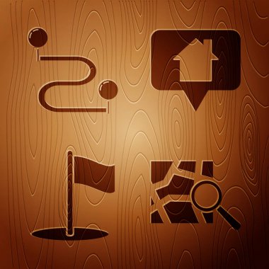 Katlanmış haritayı konum işaretleyicisi, rota konumu, Bayrak ve Harita işaretleyicisi ile ahşap zemin üzerinde ev ile ayarla. Vektör