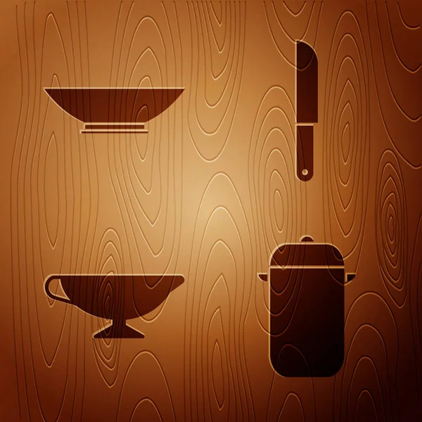 Set Olla Cocina Cuenco Barco Salsa Cuchillo Sobre Fondo Madera — Vector de stock