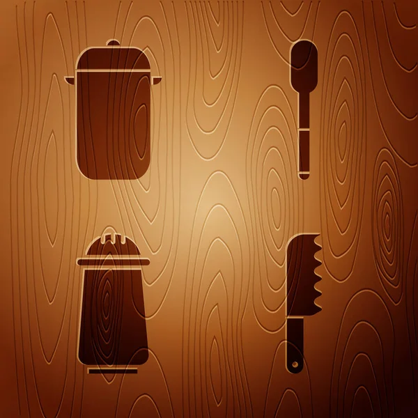 Set Bread Knife Cooking Pot Salt Pepper Spoon Wooden Background — Stock Vector