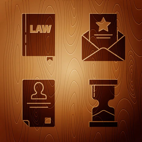 古い砂時計 法律書 身分証明書と木製の背景の逮捕状を設定します ベクトル — ストックベクタ