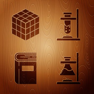 Cam test tüpünü ateşe verin, Rubik küp, Kitap ve Cam test tüpünü ahşap arka planda ateşe verin. Vektör