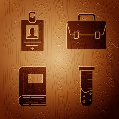 Test tüpü ve matara kimya laboratuvarı, kimlik kartı tahtadan arka planda kitap ve evrak çantası hazırlayın. Vektör