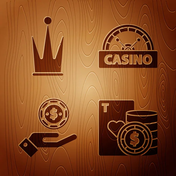 Set Casino Puce Cartes Jouer Couronne Main Tenant Des Jetons — Image vectorielle