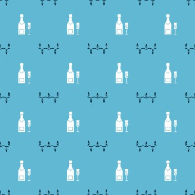 Noel ışıklarını, şampanya şişesini ve bir bardak şampanyayı kusursuz bir şablona ayarlayın. Vektör