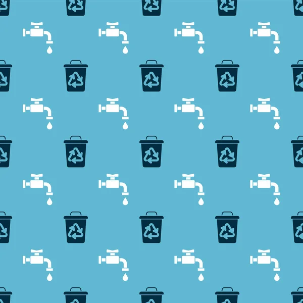 Set Recycle bin with recycle symbol and Water tap on seamless pattern. Vector