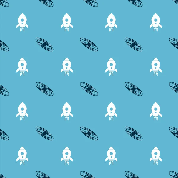 Set Planet and Rocket ship with fire on seamless pattern. Vector