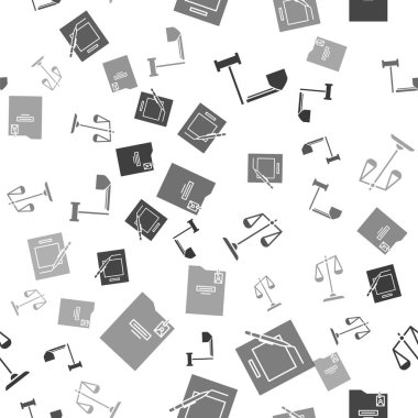 Yargıç Tokmak 'ı kalkan, boş defter ve kalem, adalet terazisi ve kişisel klasörleri kusursuz desen üzerine ayarla. Vektör