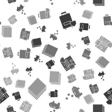 Seyahat sigortalarını, kumbarayı paralı domuzcuk kumbarasını klinik sicilli tıbbi panoyu ve kusursuz desenli temiz kağıdı ayarla. Vektör