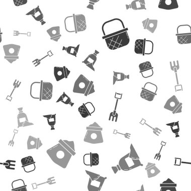 Alış veriş sepeti, un çuvalı, bahçe tırmığı ve kusursuz desenli un torbası. Vektör