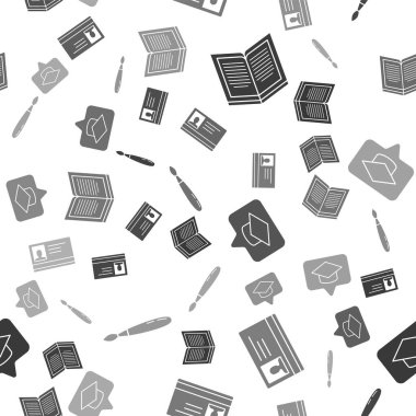 Açık Kitap, kimlik kartı, konuşma balonunda mezuniyet şapkası ve kusursuz desenli boya fırçası. Vektör