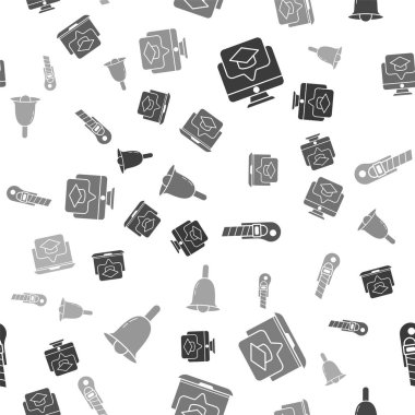 Mezuniyet şapkalı monitör, ekran laptopunda mezuniyet şapkası, kırtasiye bıçağı ve kusursuz desenli zil ayarlayın. Vektör