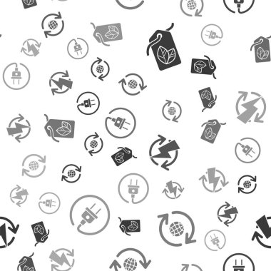 Etiketi yaprak sembolü ile ayarla, Dünya gezegeni ve geri dönüşüm, şarj ve elektrik prizi dikişsiz desen. Vektör