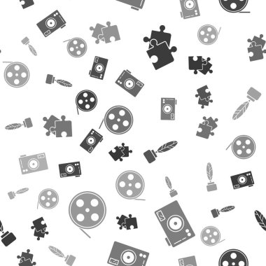 Yapboz parçası, fotoğraf makinesi, tüy ve mürekkep hokkası ve film makarasını kusursuz desene ayarlayın. Vektör