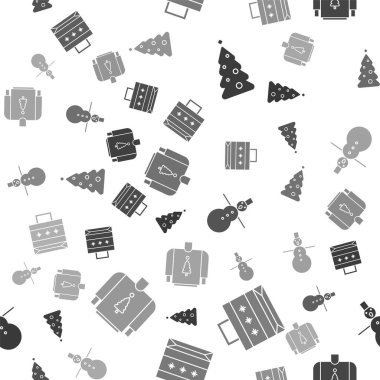 Noel ağacını süslemelerle, Noel kâğıdı alışveriş çantasıyla, Noel kardan adamla ve Noel süveteriyle süsleyin. Vektör