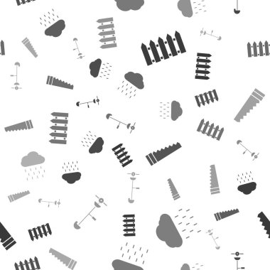 Bahçe çitleri ahşap, yağmurlu bulut, bahçe testeresi, çim ve dikişsiz desenli yabani ot teli budayıcısı. Vektör