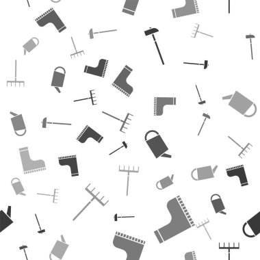 Çekiç, su geçirmez lastik bot, su kovası ve bahçe tırmığı. Vektör