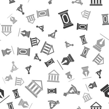 Sahne tezgahı ya da münazara kürsüsü, el çantası, dolmakalem ucu ve adliye binasını pürüzsüz bir şablon üzerine kurun. Vektör