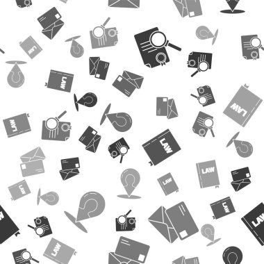 Belgeyi arama, Zarf, Hukuk Kitabı ve Harita işaretleyicisiyle kusursuz desenli bir kişinin silueti ile ayarla. Vektör