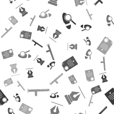 Ayak izleriyle büyüteç, dolmakalem ucu, sertifika şablonu ve dikişsiz desenli polis kauçuğu ayarla. Vektör