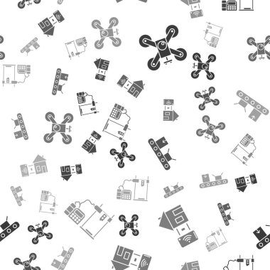 Drone 'u aksiyon kamerasıyla, Smart Home' u, konveyör bandını mukavva kutulu ve 3D yazıcıyı kusursuz desenli ayarla. Vektör