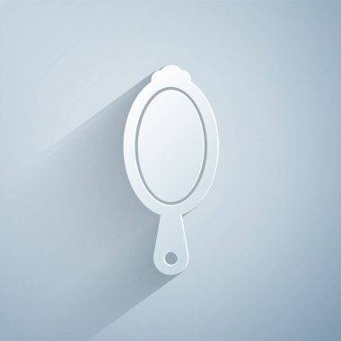 Kağıt kesiği Gri arkaplanda sihirli el aynası simgesi izole. Kağıt sanatı tarzı. Vektör İllüstrasyonu