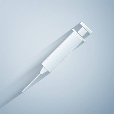 Kağıt kesme Şırınga simgesi gri arka plan üzerinde izole. Aşı, aşı, enjeksiyon, grip aşısı için şırınga. Tıbbi ekipmanlar. Kağıt sanat tarzı. Vektör İllüstrasyonu