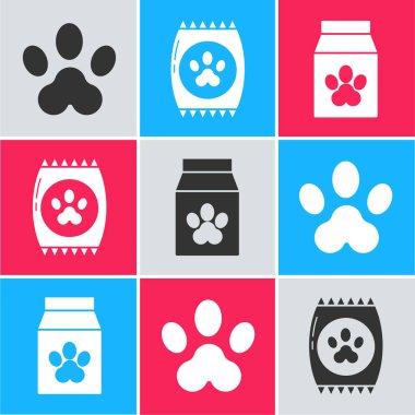Paw print, evcil hayvan için bir torba yiyecek ve hayvan ikonu için de bir torba yiyecek hazırla. Vektör