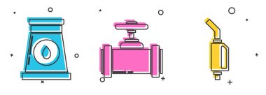 Petrol ve doğalgaz fabrikası, endüstriyel metalik borular, valf ve benzin pompası ikonu. Vektör