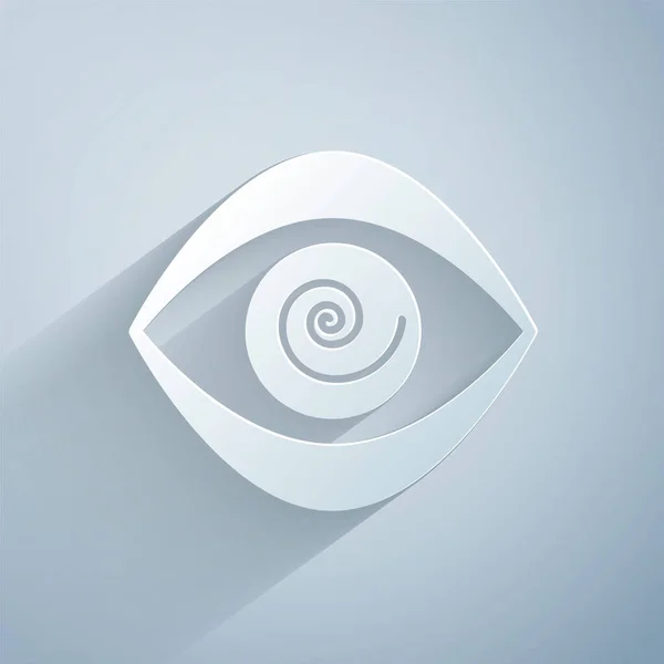 Papiergeschnittenes Hypnose-Symbol isoliert auf grauem Hintergrund. Menschliches Auge mit spiralförmiger hypnotischer Iris. Papierkunst. Vektorillustration — Stockvektor