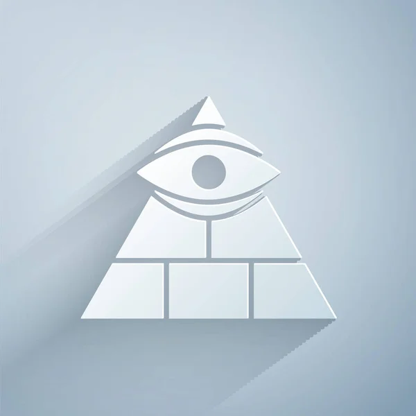 Papiergeschnittene Freimaurer Symbol Allsehendes Auge Gottes Symbol isoliert auf grauem Hintergrund. Das Auge der Vorsehung im Dreieck. Papierkunst. Vektorillustration — Stockvektor