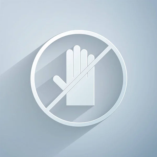 Паперовий виріз Без значка рукостискання ізольовано на сірому фоні. Ніякого рукостискання для концепції запобігання вірусам. Бактерії при трясінні рук. Стиль паперового мистецтва. Векторна ілюстрація — стоковий вектор