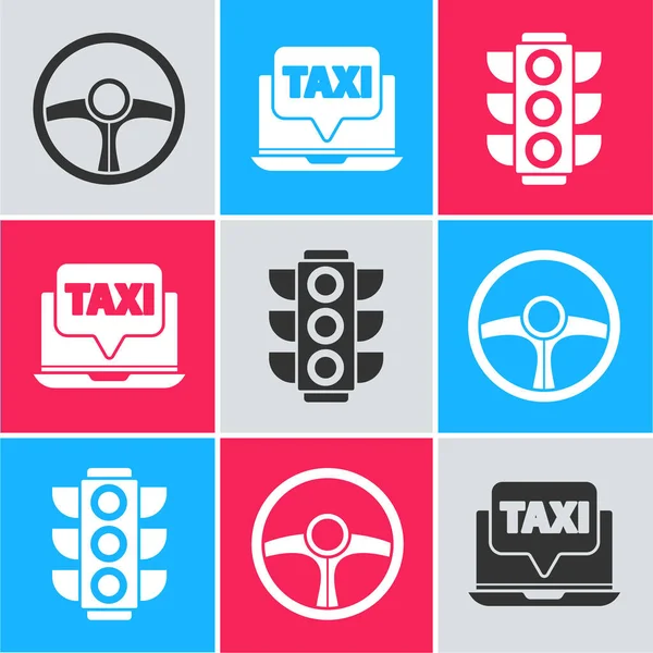 Set Steering wheel, Laptop call taxi service and Traffic light icon. Vector — Stock Vector