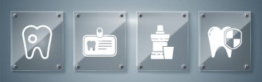 Diş koruma, ağız gargargarası plastik şişe, dişli kimlik kartı ve bakterili diş. Kare cam paneller. Vektör