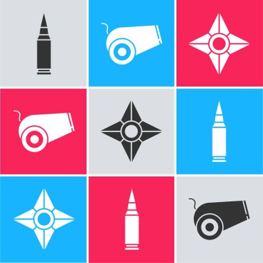 Mermi, top ve Japon shuriken ikonunu hazırlayın. Vektör