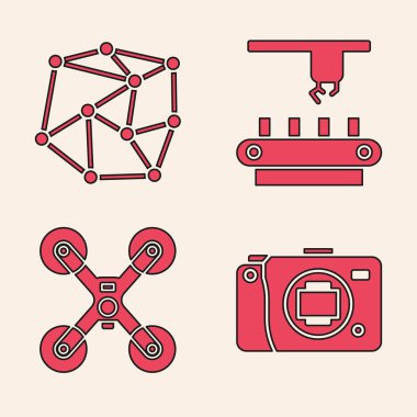 Aynasız kamera, sinirsel ağ, fabrika taşıma sistemi bandı ve İHA uçan ikonu ayarla. Vektör