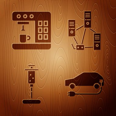 Elektrikli araba, kahve makinesi, şırınga ve bilgisayar ağını ahşap arka planda ayarla. Vektör