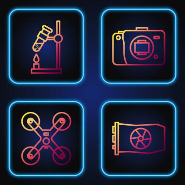 Görüntü kartı, İHA uçuşu, deney tüpü şişesi ve aynasız kamera ayarlayın. Renk simgeleri. Vektör