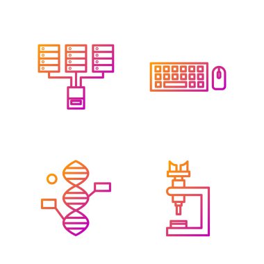 Satır Microscope, DNA sembolü, Sunucu, Veri, Web Sunucusu, Klavye ve Fare. Renk simgeleri. Vektör