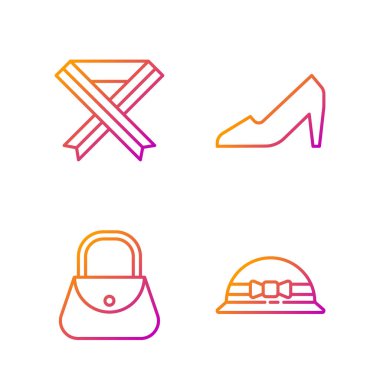 Şık kadın şapkası, el çantası, göğüs kanseri farkındalığı kurdelesi ve kadın ayakkabısı. Renk simgeleri. Vektör