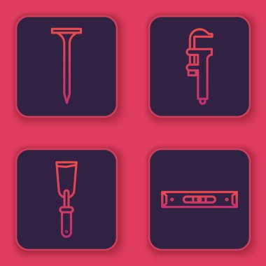 Metalik çivi, macun bıçağı, Calliper veya kalibre ve ölçek ve inşaat balonu seviyesini ayarla. Mavi kare düğme. Vektör