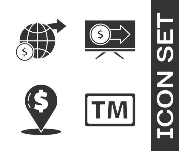 Ustaw znak towarowy, kula ziemska z dolarem, PIN lokalizacji gotówki i Monitor z ikoną dolara. Wektor — Wektor stockowy