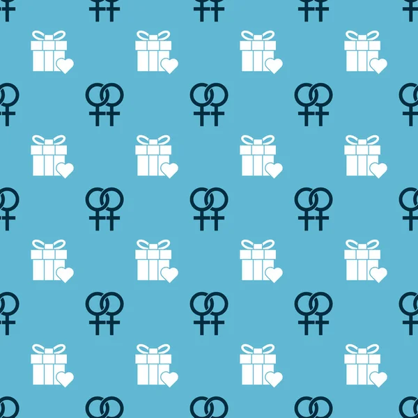 Définir le symbole de genre féminin et boîte cadeau et coeur sur le motif sans couture. Vecteur — Image vectorielle