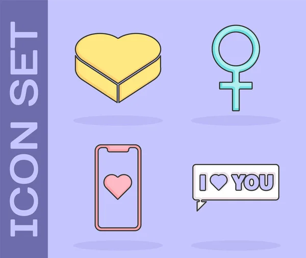 Set Sprechblase mit I love you, Süßigkeiten in herzförmiger Box, Handy mit Herz und weiblichem Geschlechtssymbol-Symbol. Vektor — Stockvektor