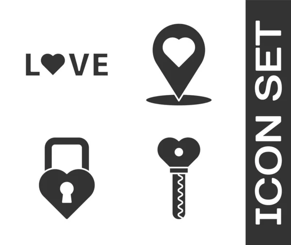 Set Llave en forma de corazón, Texto de amor, Castillo en forma de corazón y Mapa puntero con icono de corazón. Vector — Archivo Imágenes Vectoriales