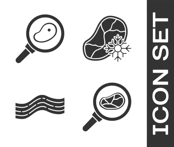 Establecer carne de bistec en sartén, carne de bistec en sartén, raya de tocino y carne fresca congelada icono. Vector — Vector de stock