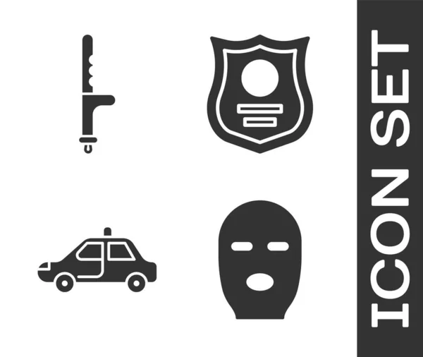 Set masque de voleur, bâton de caoutchouc de police, voiture de police et clignotant et icône de badge de police. Vecteur — Image vectorielle