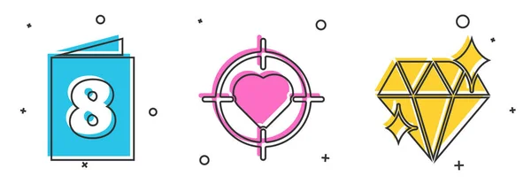 Set Grußkarte mit 8. März, Herz in der Mitte des Ziels und Diamant-Symbol. Vektor — Stockvektor