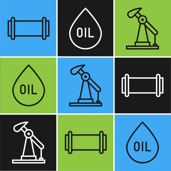 Ställ in linje Industrirör, Oljepump eller pump jack och Olja droppe ikon. Vektor — Stock vektor