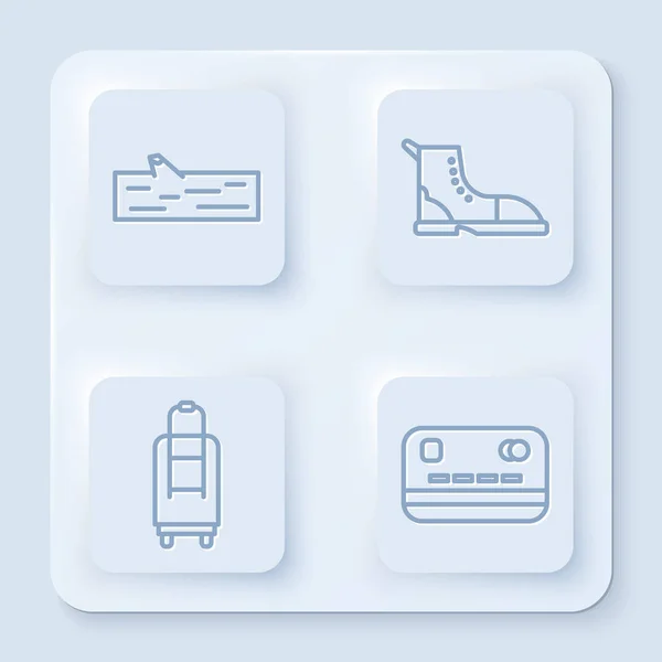 采购产品设置行木制的日志,远足引导,手提箱和信用卡.白色正方形按钮。B.病媒 — 图库矢量图片