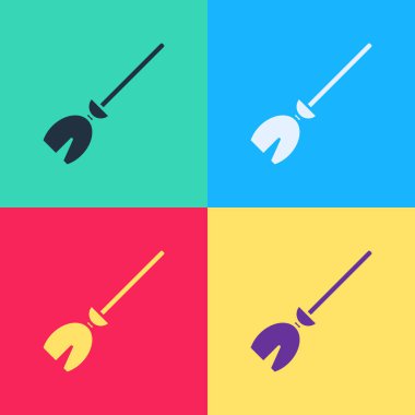 Pop Art Witches süpürge ikonu renk arkaplanında izole edildi. Mutlu Cadılar Bayramı Partisi. Vektör İllüstrasyonu